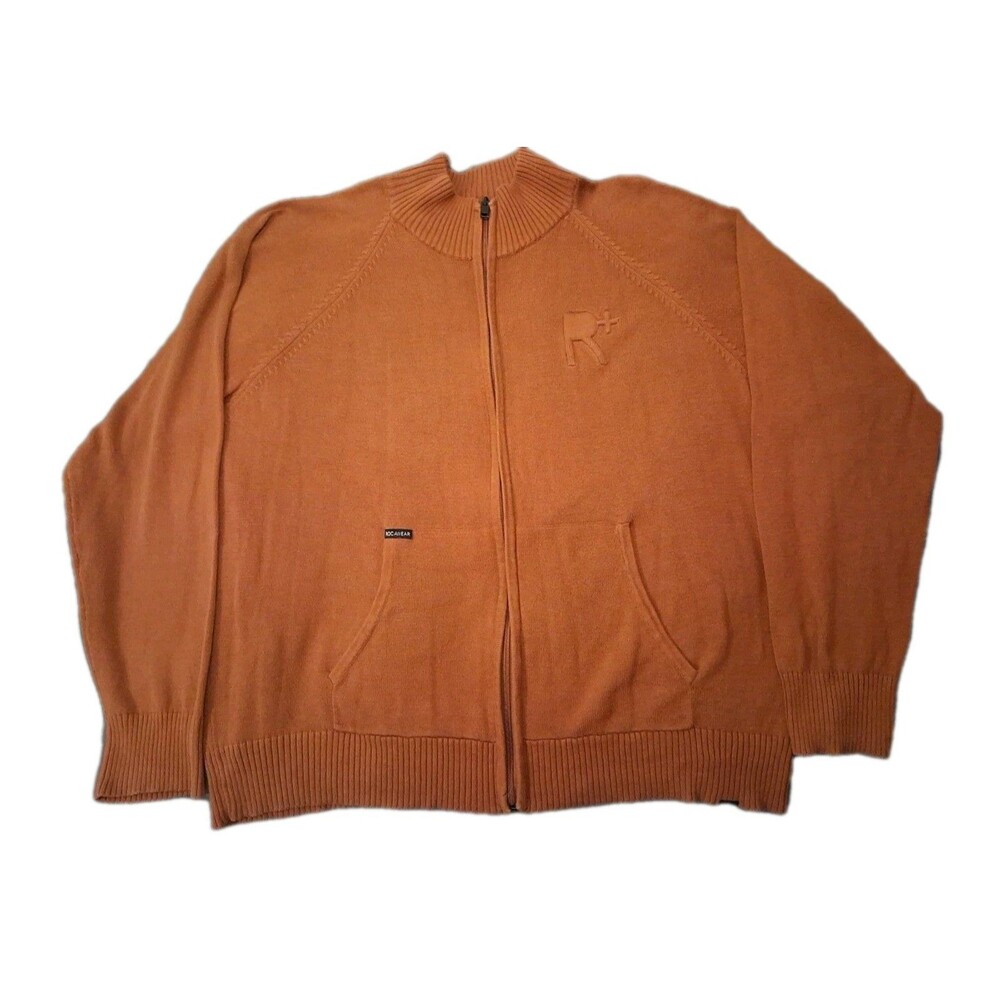 Vintage Rocawear Mock Neck Sweater Jacket Mens Large Orange Full-Zip Ribbed Knit
